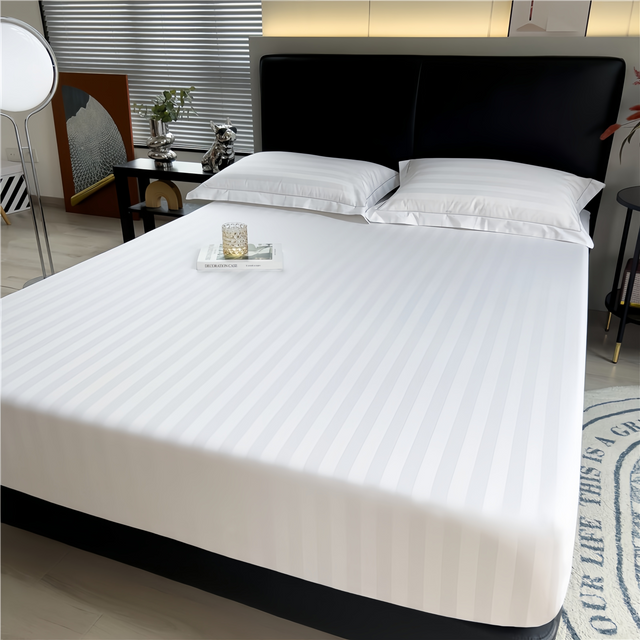 Drap-housse &agrave; rayures de couleur blanche 100 % coton pour h&ocirc;tel 